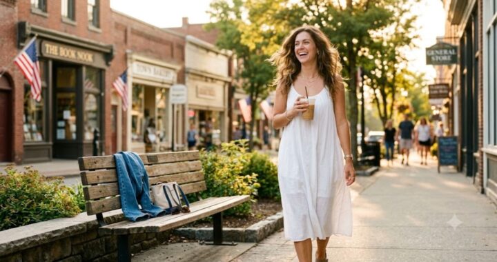 Woman wearing a white summer dress instead of jeans on a hot day, folded jeans left on a bench