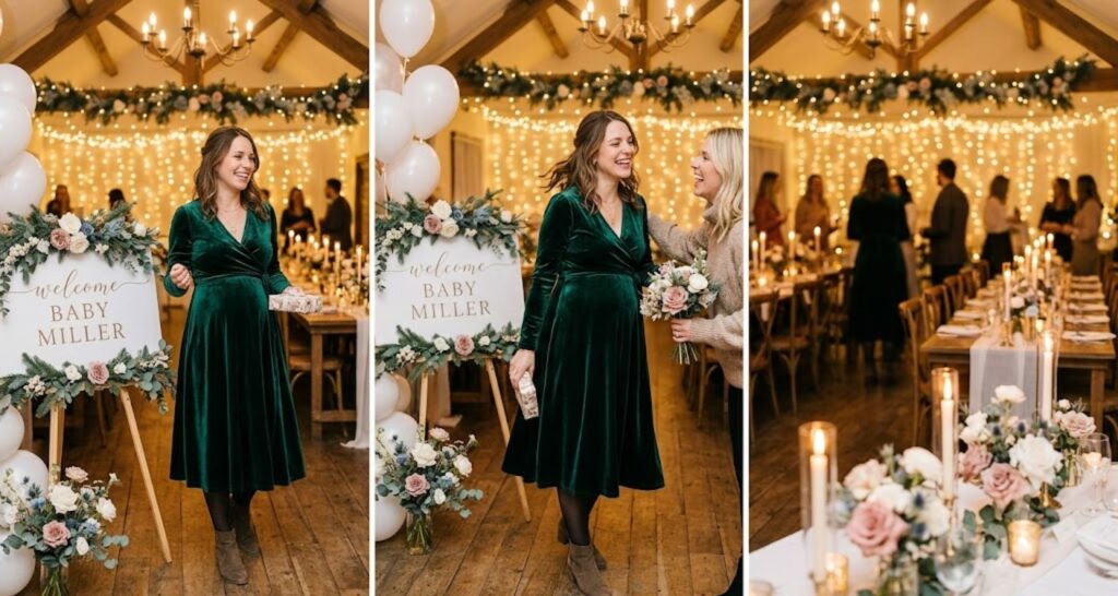 What to wear to a winter baby shower — woman in emerald velvet midi dress at warmly lit candlelit venue