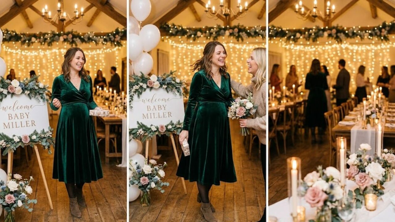 What to wear to a winter baby shower — woman in emerald velvet midi dress at warmly lit candlelit venue