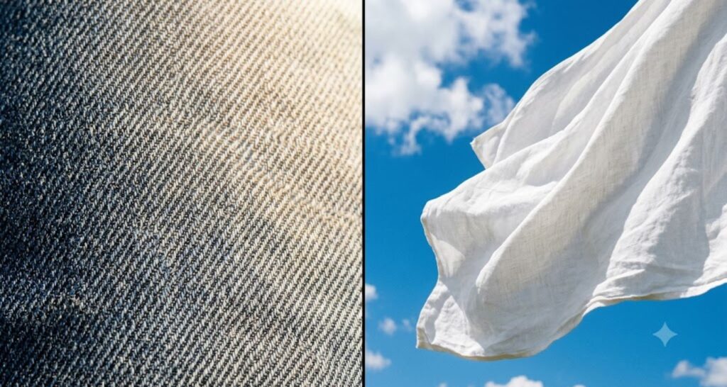 Heavy denim fabric compared with breathable linen fabric in summer heat