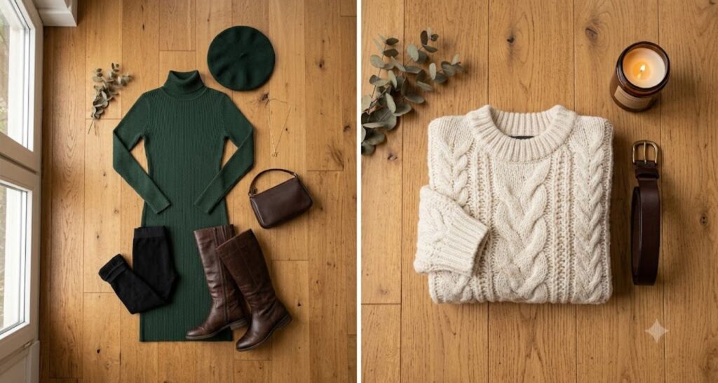 Flat lay of a knit midi dress with tights, boots, and sweater for winter styling