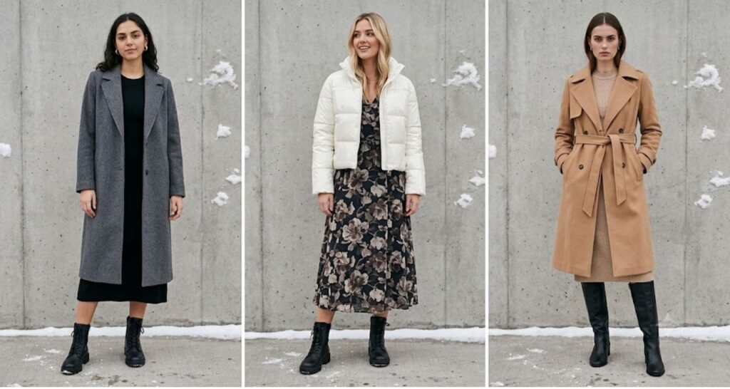 Three winter coat options styled over midi dresses: long wool coat, cropped puffer, belted trench
