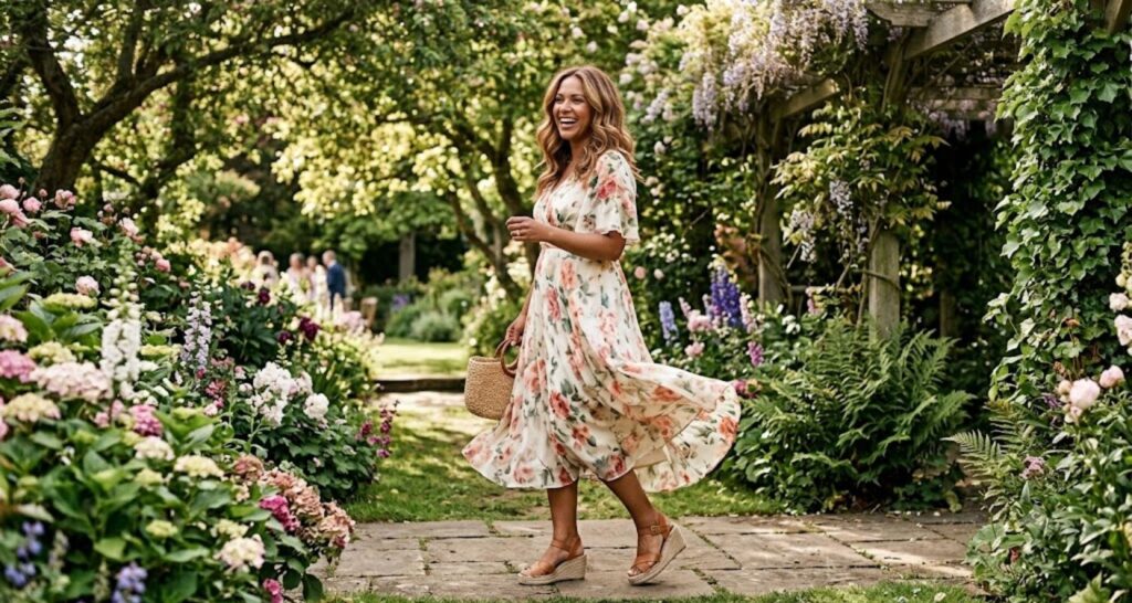 Garden party baby shower guest outfit — floral dress and wedge sandals