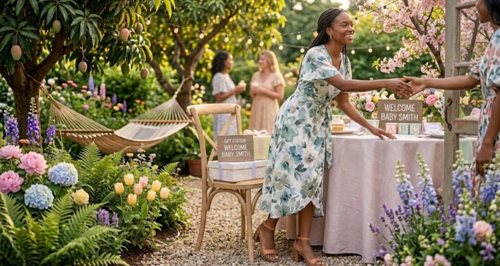 Baby shower guest in floral midi dress spring 