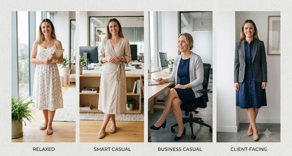 four office dress code levels for casual work dress in a hot office from relaxed to client-facing
