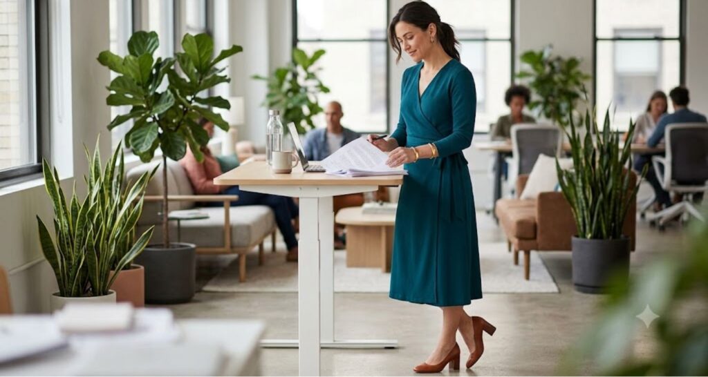 woman in teal crepe wrap midi dress for business casual office standing at desk