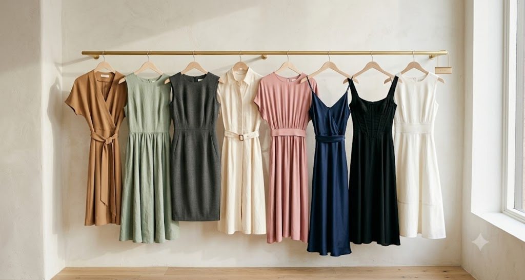 Rack of twelve flattering dress styles for hourglass figures