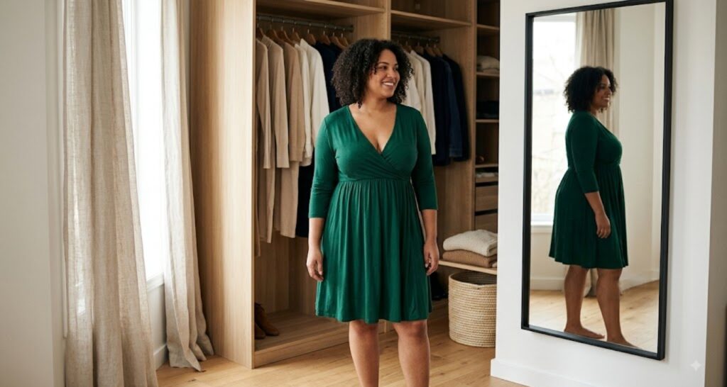 Woman wearing empire waist dress, one of the best dress styles for apple shaped body