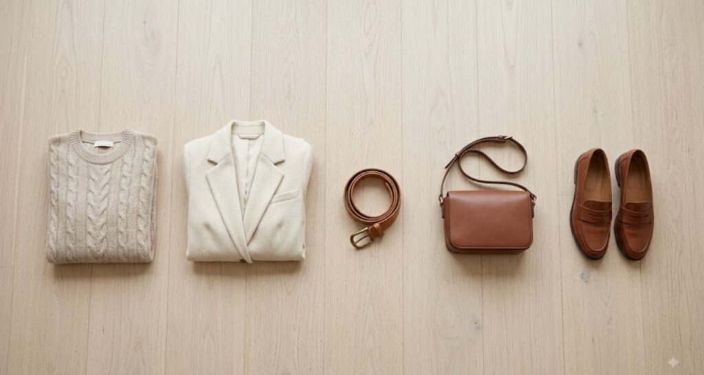 Neutral dress, blazer, belt, bag and shoes laid out in sequence to show how to build a quiet luxury outfit