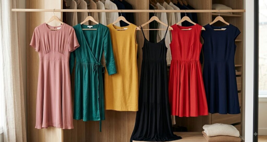 Curated capsule wardrobe of dresses for apple shape