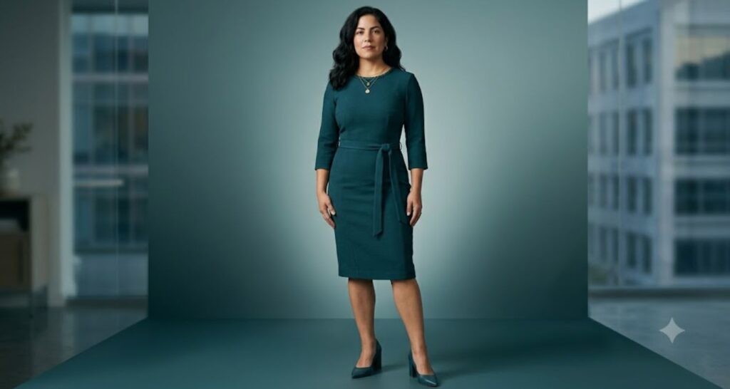 Petite curvy woman in a monochrome teal outfit demonstrating a height-elongating color trick