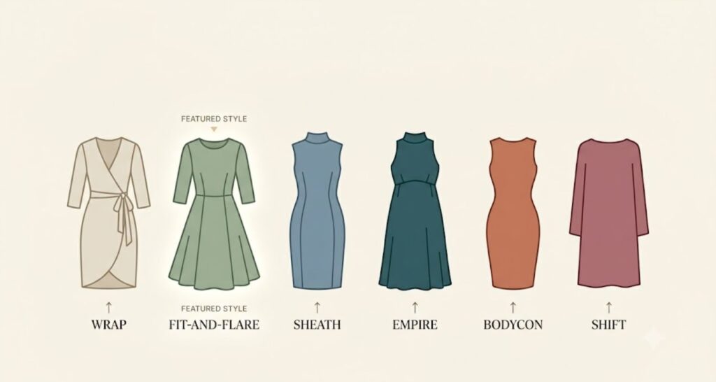 Infographic comparing dress silhouettes best suited for petite curvy women
