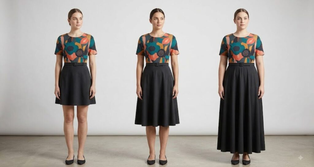 Comparison of mini, midi, and maxi dress lengths on pear shaped body types
