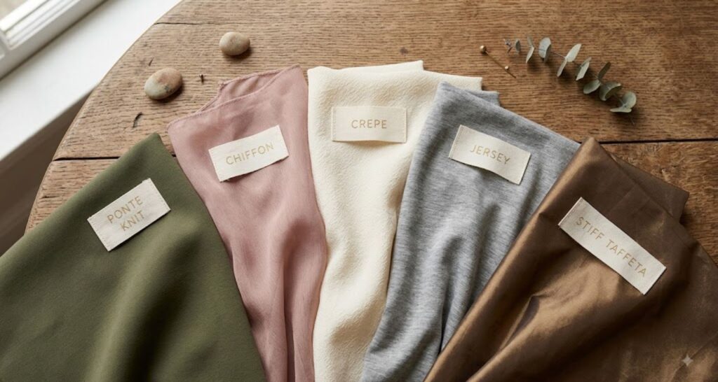 Fabric swatches including ponte knit and chiffon best for flattering pear shaped dresses