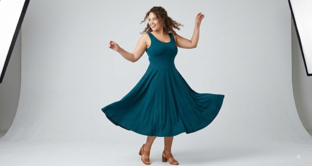 High-waisted fit and flare dress for apple body type
