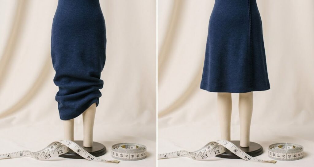 Comparison of dress hem lengths showing correct proportions for petite curvy body types