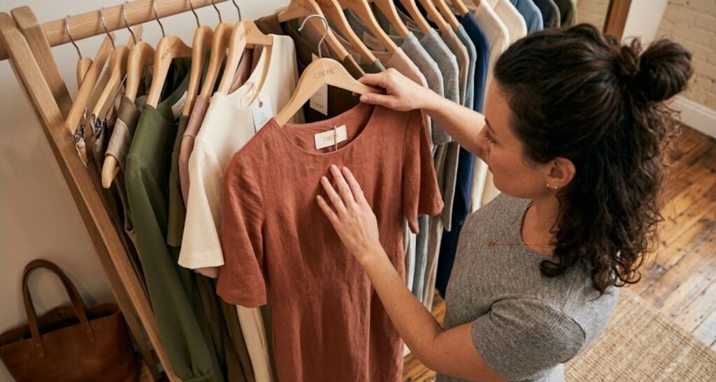 Woman feeling dress fabric while shopping for a flattering pear shaped silhouette