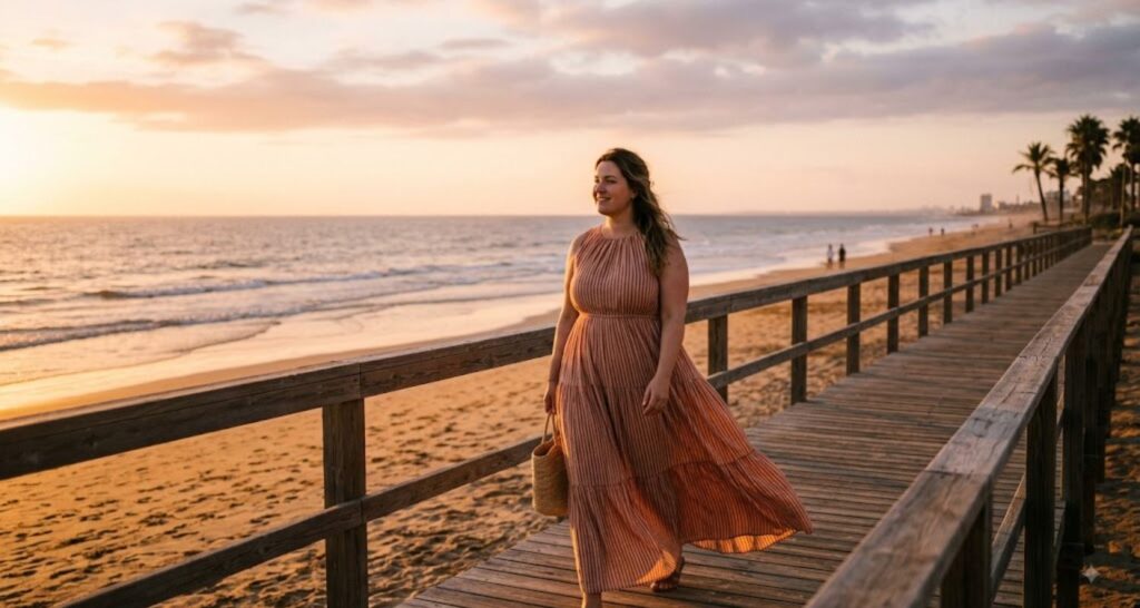 Maxi dress with vertical detailing for apple shaped body