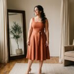 Most flattering dress for pear shaped women — fit-and-flare dress in a boutique fitting room