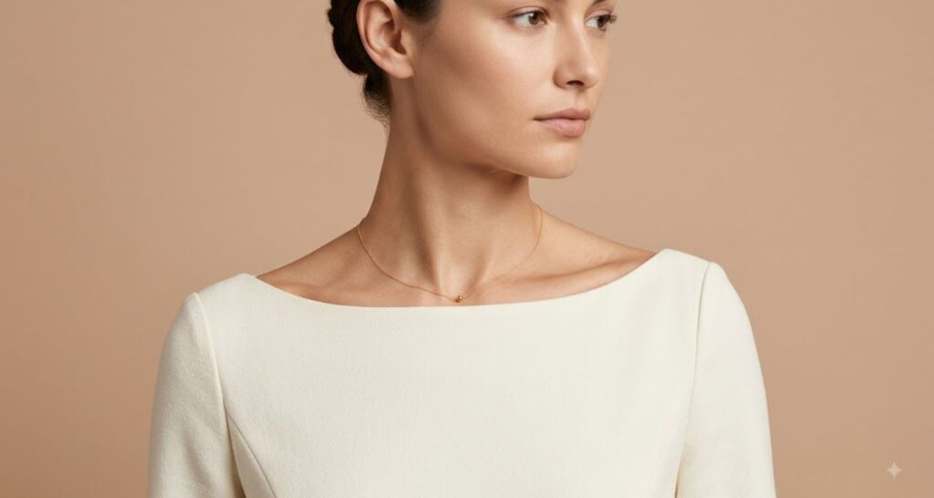 Boat neck dress detail that flatters pear shaped women by widening the shoulder line
