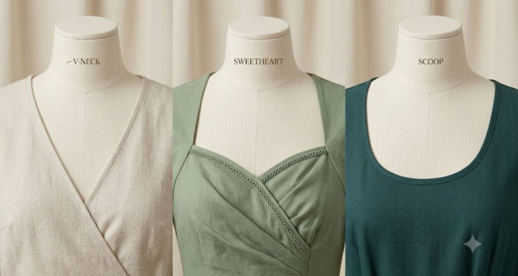 V-neck, sweetheart, and scoop necklines compared for petite curvy dress styling