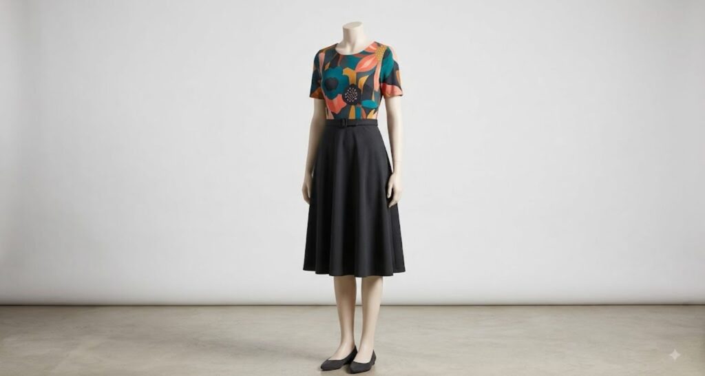 Dress with printed bodice and solid A-line skirt showing color-blocking for pear shapes