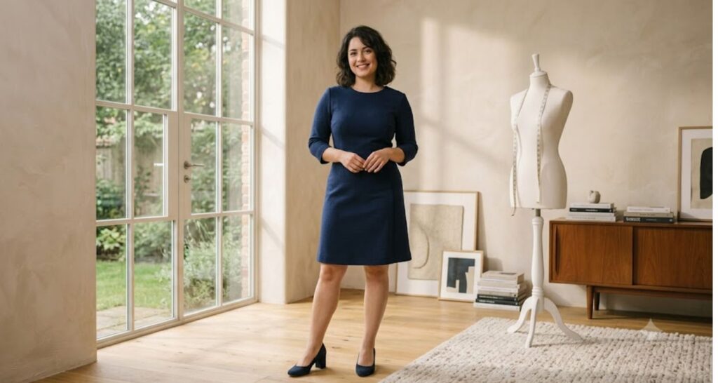 Petite curvy woman in a well-tailored navy sheath dress demonstrating proper fit over trend