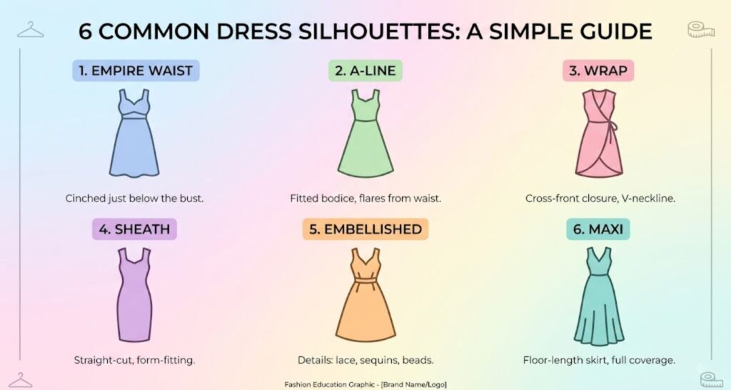 Infographic comparing dress styles for apple shaped body