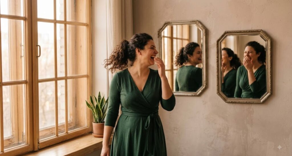 Confident woman wearing flattering dress for apple shape