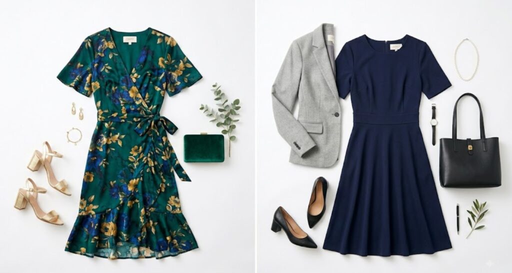 Two outfit flat-lays showing flattering dress options for pear shaped women for work and events