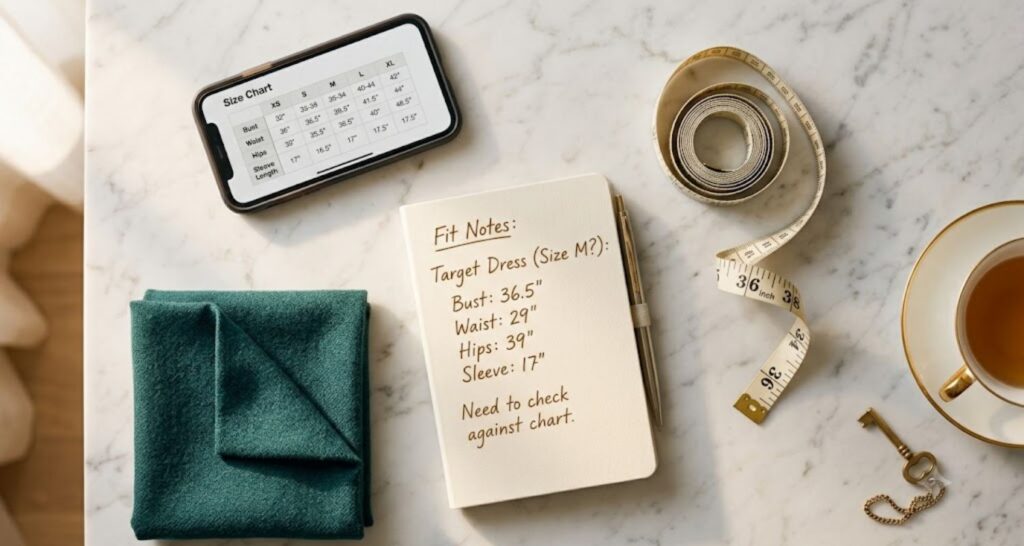 Flat-lay of measuring tape, notebook, and phone for smart petite curvy dress shopping