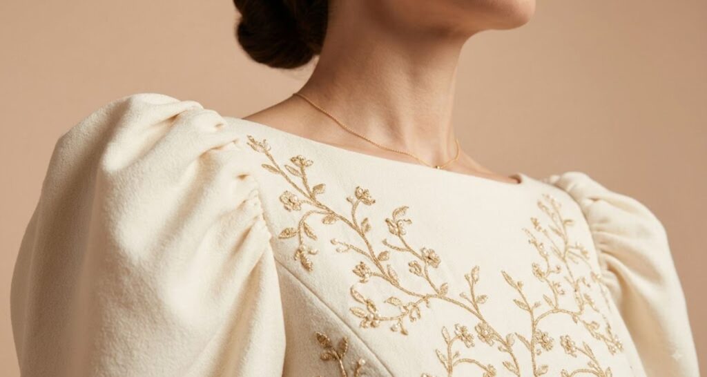 Puff sleeve dress detail that adds balance and volume for a pear shaped silhouette
