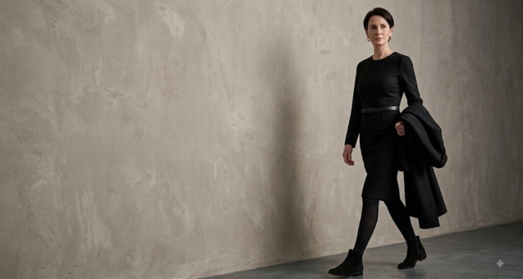 Matte black wool dress styled with black tights, suede boots and a single gold earring