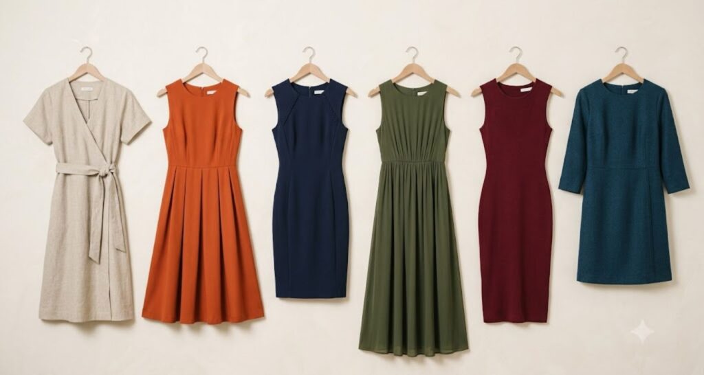 Six flattering dress styles for petite women with curves displayed on hangers