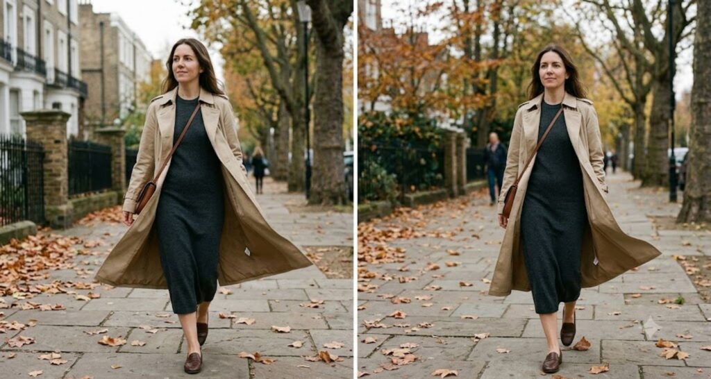 Charcoal knit midi dress layered - old money aesthetic dress outfit ideas