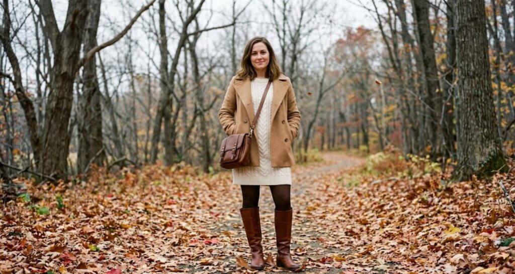 Cream cable knit sweater dress with brown riding boots and a camel wool coat