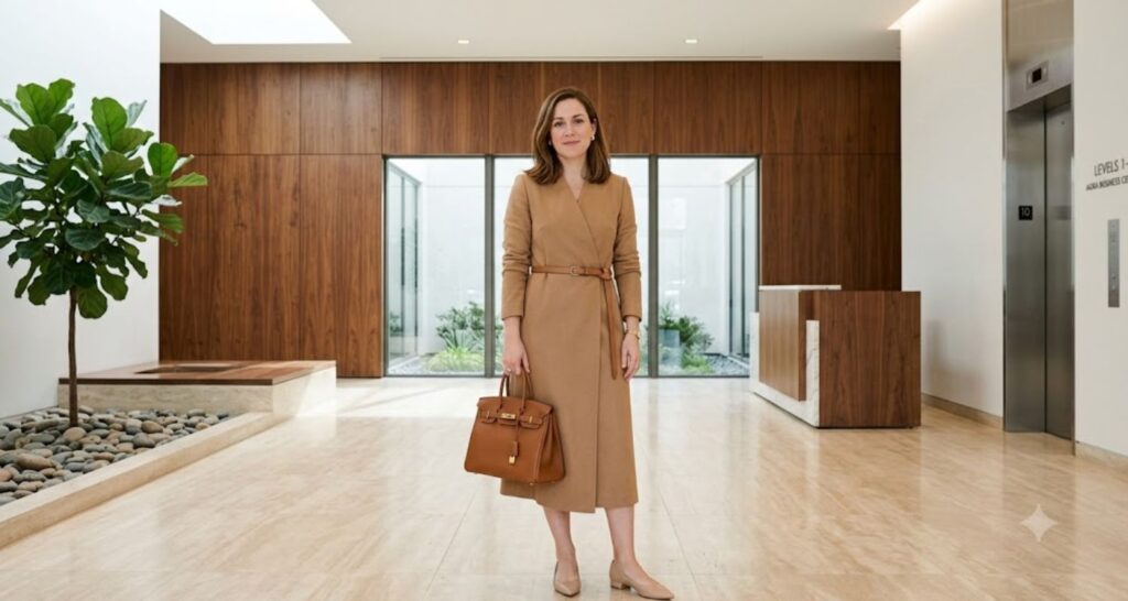 Camel wrap dress with a slim belt and pointed-toe flats for office to evening