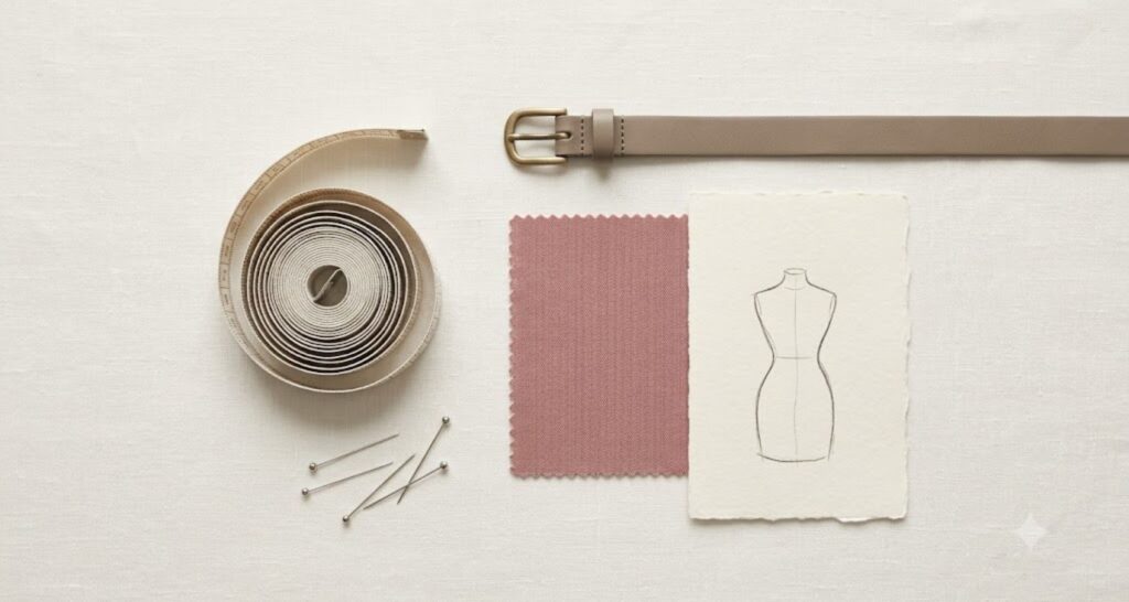 Flat-lay of measuring tape, fabric swatch, and belt illustrating fit tips for petite curvy dressing