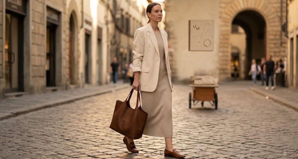 Ribbed oatmeal knit midi dress worn with brown leather loafers and a slouchy tote