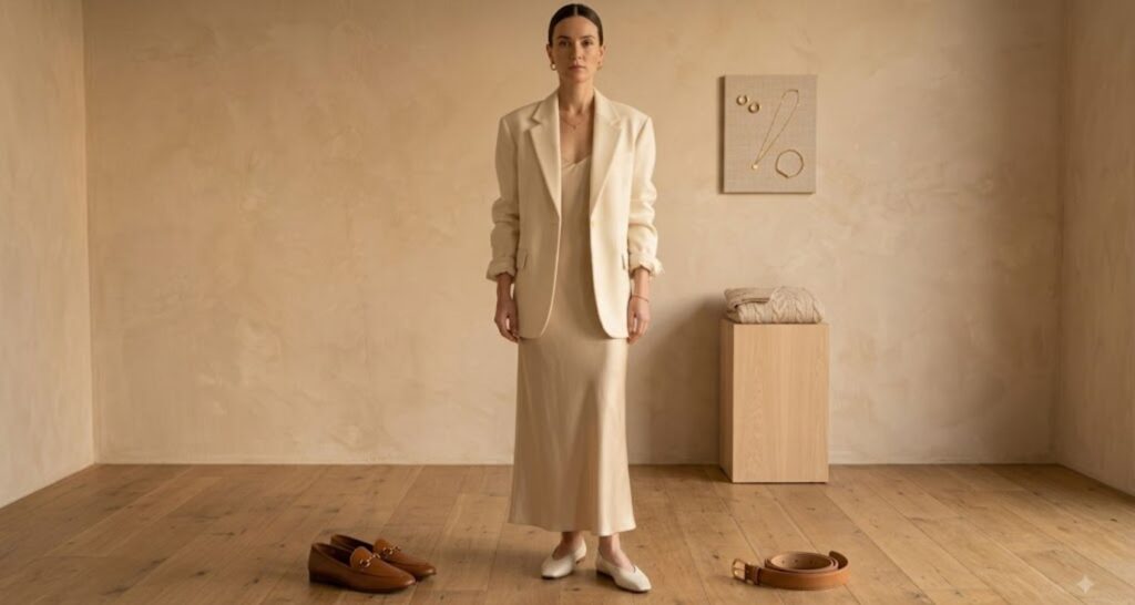 Champagne slip dress layered under a cream oversized blazer with pointed leather flats
