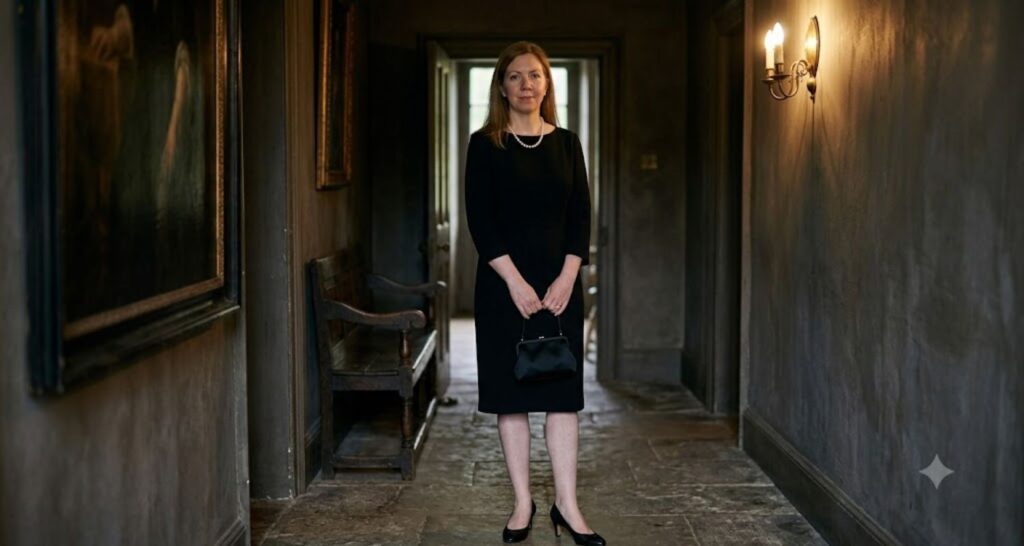 Simple black sheath dress with a single strand of pearls for evening formal events