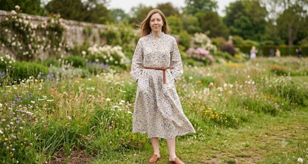 Small-print floral prairie midi dress with brown leather mules for spring