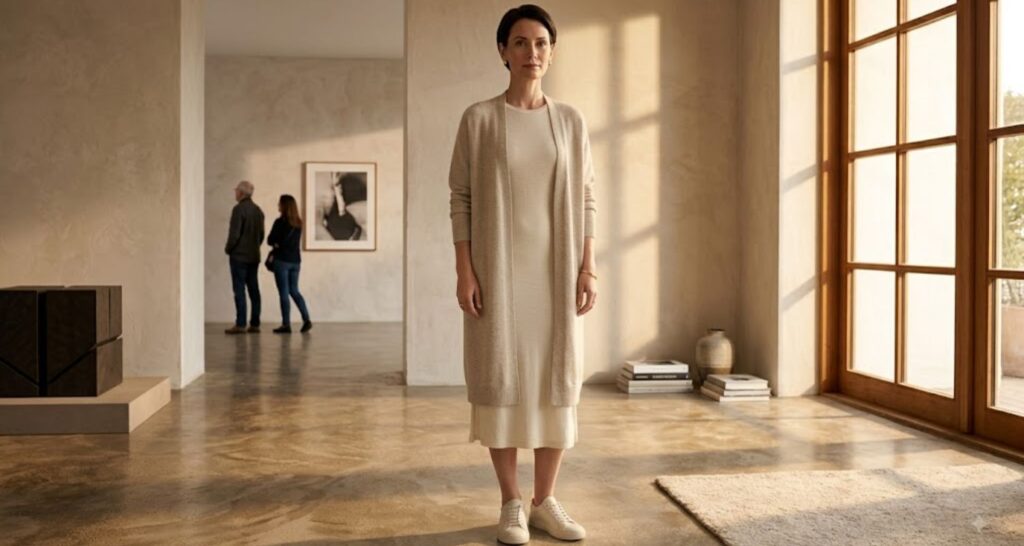 Tonal cream outfit with a long cashmere cardigan over a slim knit dress and leather sandals