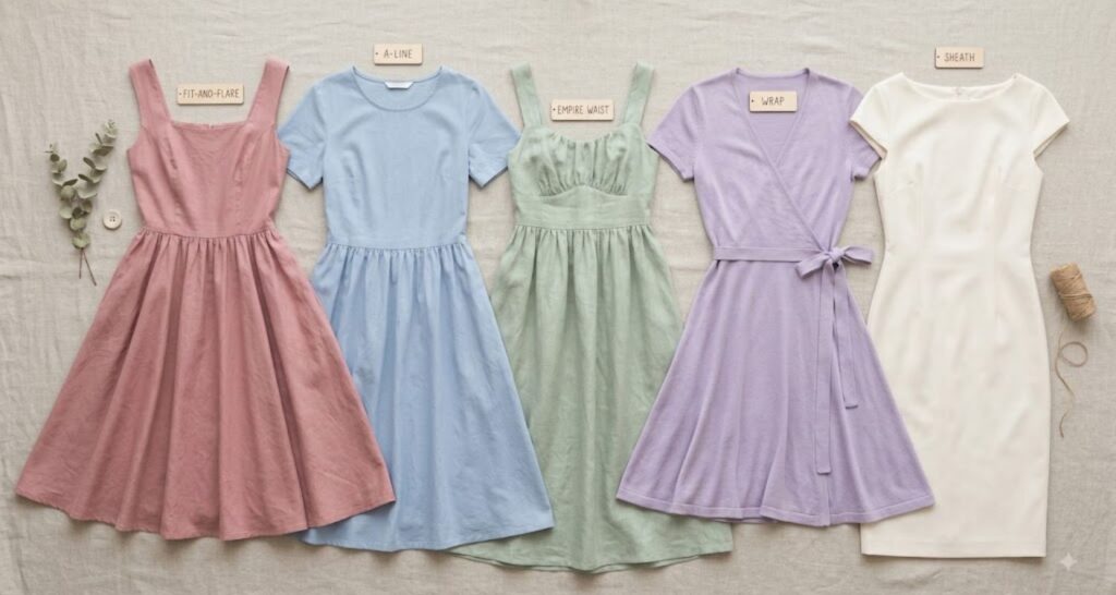 Flat-lay of flattering dress styles for pear shaped women including A-line and wrap dresses