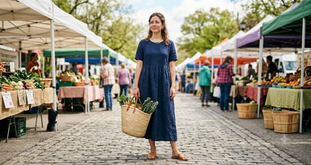 Navy linen midi dress - old money aesthetic dress outfit ideas