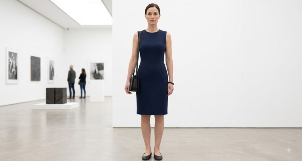 Navy wool crepe sleeveless sheath dress paired with black ballet flats and a small structured bag