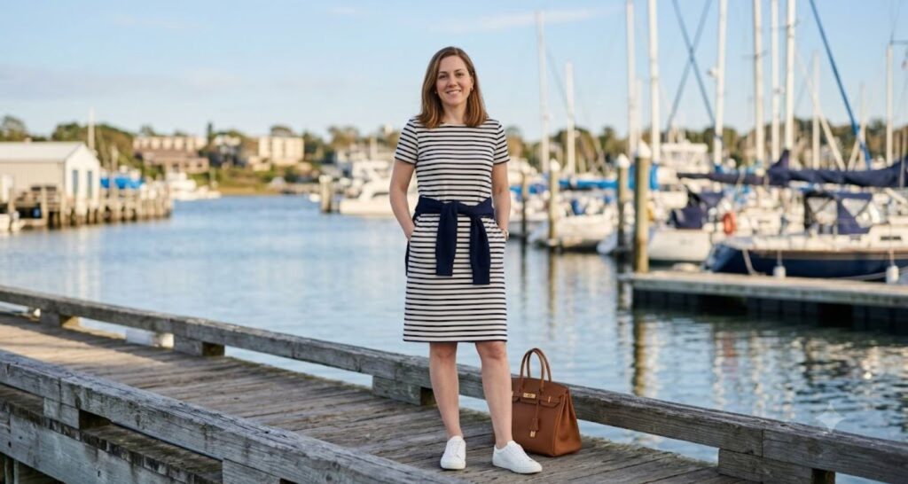 Navy and cream striped Breton dress with white sneakers and a tied sweater