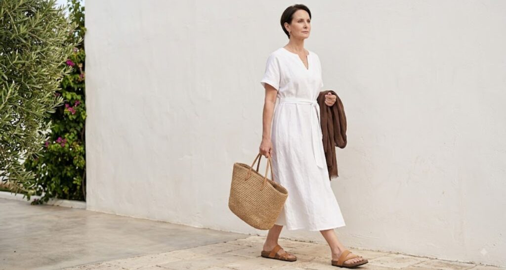 Relaxed white linen midi dress with visible natural creasing and flat leather sandals