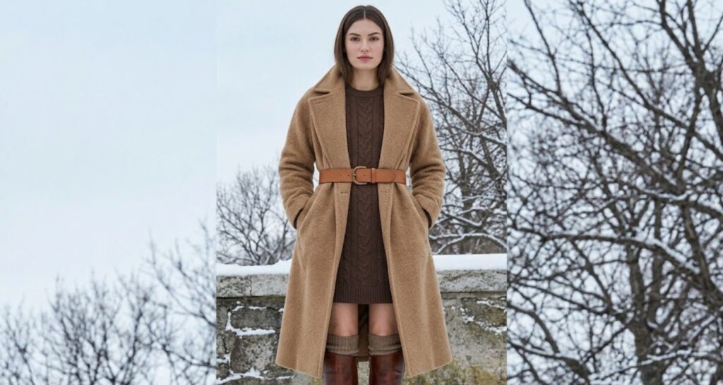 Chocolate cashmere sweater dress with tall brown boots under a longer camel wool coat