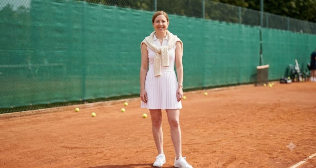 White collared tennis dress with sneakers and a sweater over the shoulders